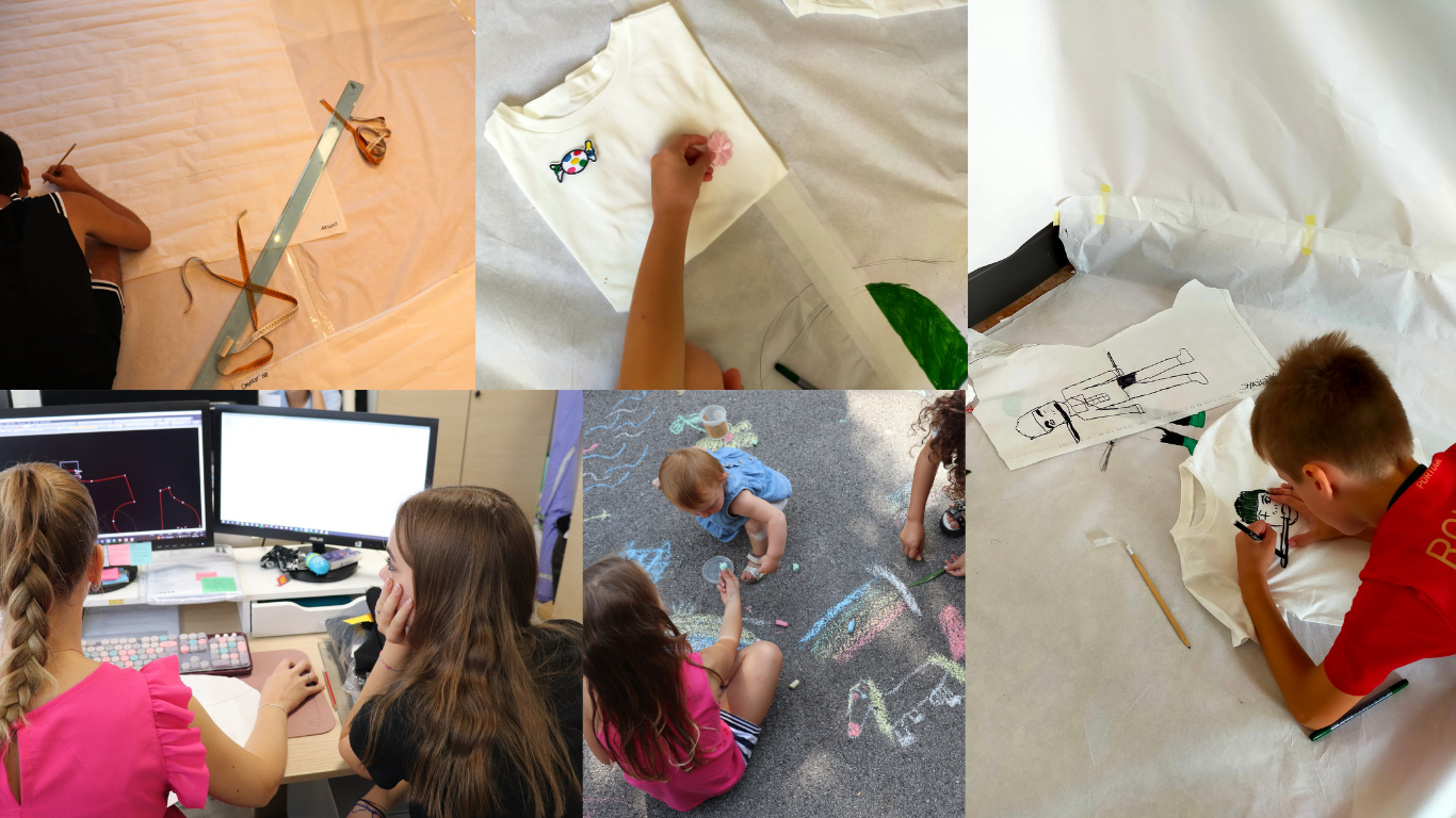 Atelier-Stimamiglio-Bimbi-in-ufficio-ufficio-modelli-CAD-progettazione L'immagine racchiude cinque immagini di dimensioni inferiori, che riassumono la giornata Bimbi in Ufficio organizzata da Atelier Stimamiglio.